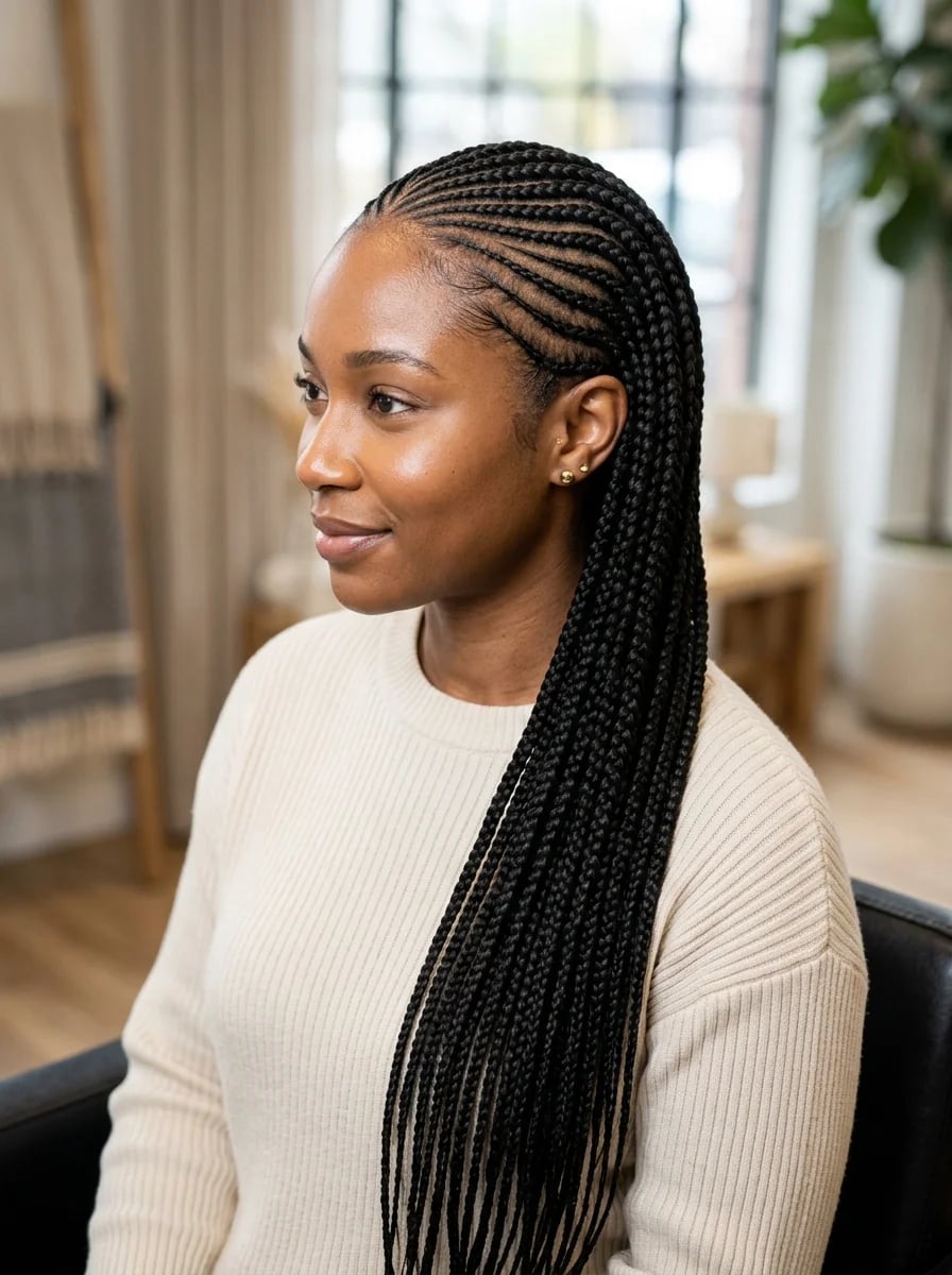 Cornrows From Side Parting To Mid-Back — Trendy Cornrows Hairstyles for Black Women