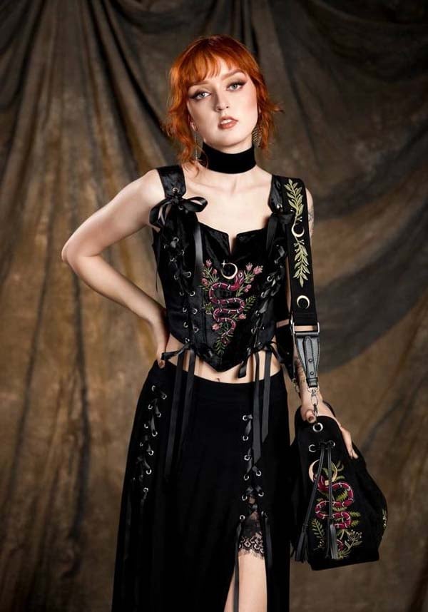 Embroidered Velvet Corset With Lace-Up Skirt, Office-Safe Version Embroidered Velvet Corset With Lace-Up Skirt, Office-Safe Version — Trendy Corset Top Outfits