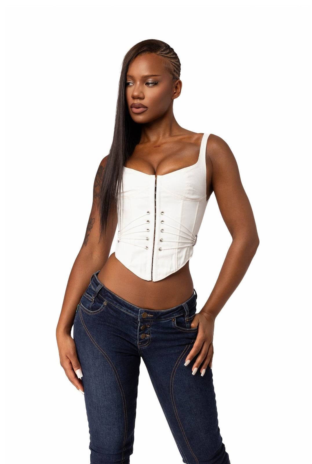 White Zip-Front Corset With Low-Rise Jeans White Zip-Front Corset With Low-Rise Jeans — Trendy Corset Top Outfits