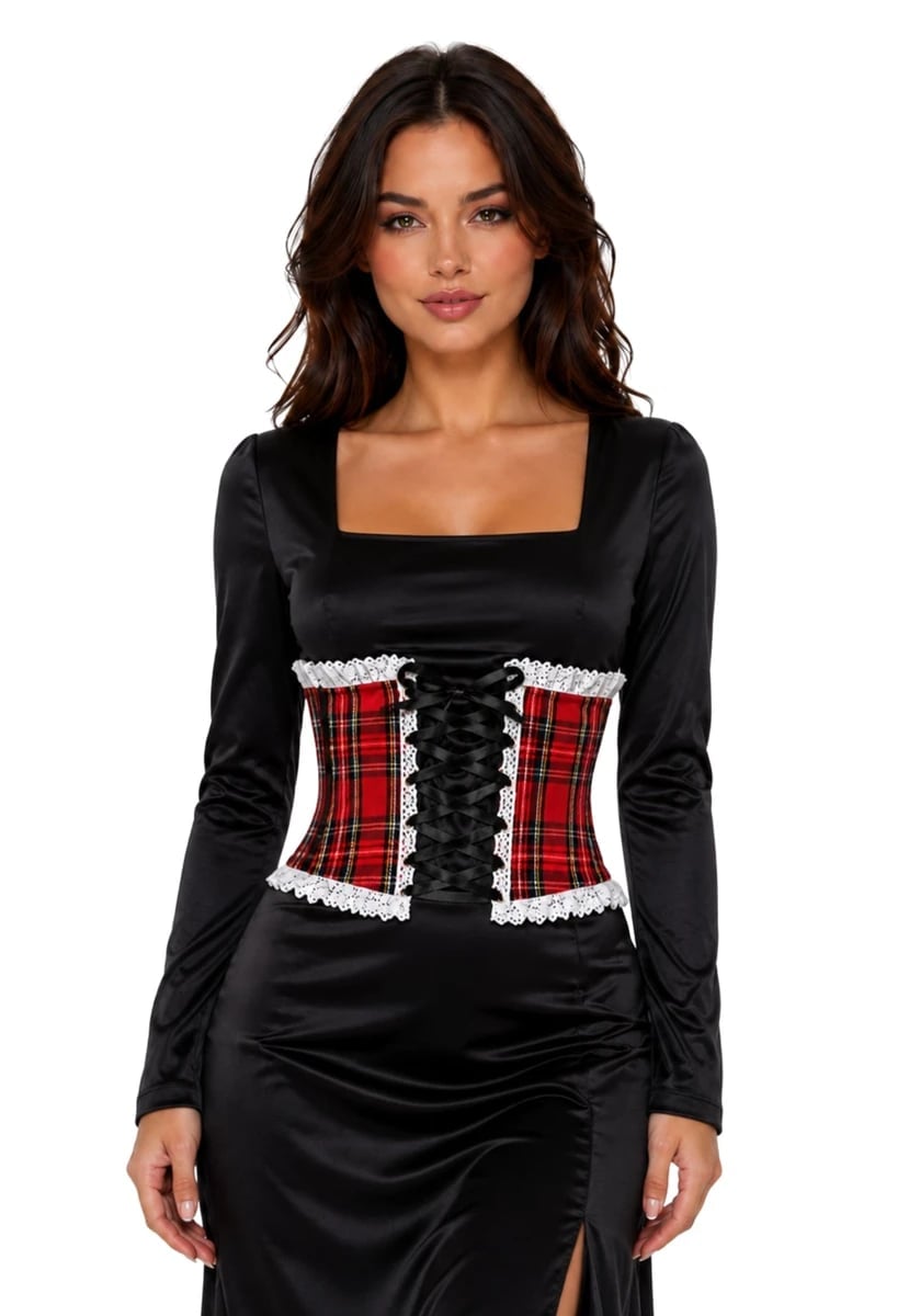 Tartan Corset Over Satin Dress Tartan Corset Over Satin Dress — Trendy Corset Top Outfits