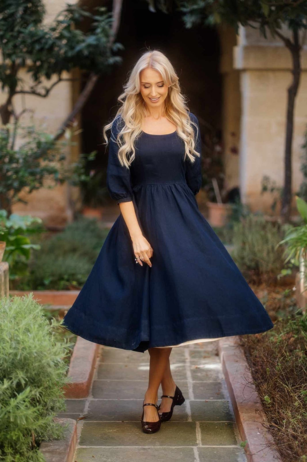 Navy Blue Linen Fit-And-Flare Midi Dress with Mary Janes Navy Blue Linen Fit-And-Flare Midi Dress with Mary Janes — Trendy Cottagecore Outfits