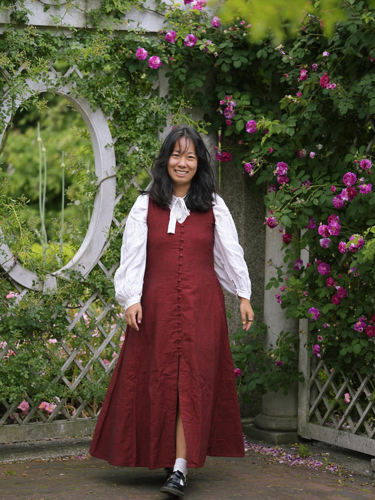 Red Linen Pinafore Maxi Dress Over White Blouse with Black Flats Red Linen Pinafore Maxi Dress Over White Blouse with Black Flats — Trendy Cottagecore Outfits