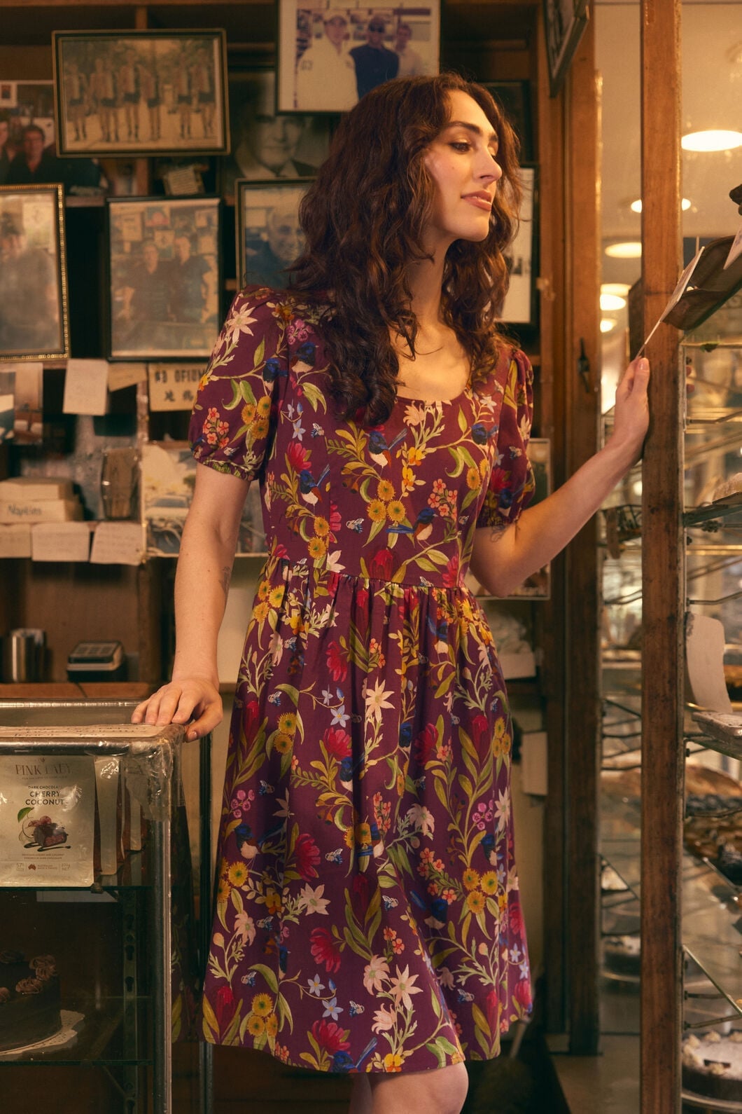 Burgundy Floral Midi Dress with Puff Sleeves, Close-Up Take Burgundy Floral Midi Dress with Puff Sleeves, Close-Up Take — Trendy Cottagecore Outfits