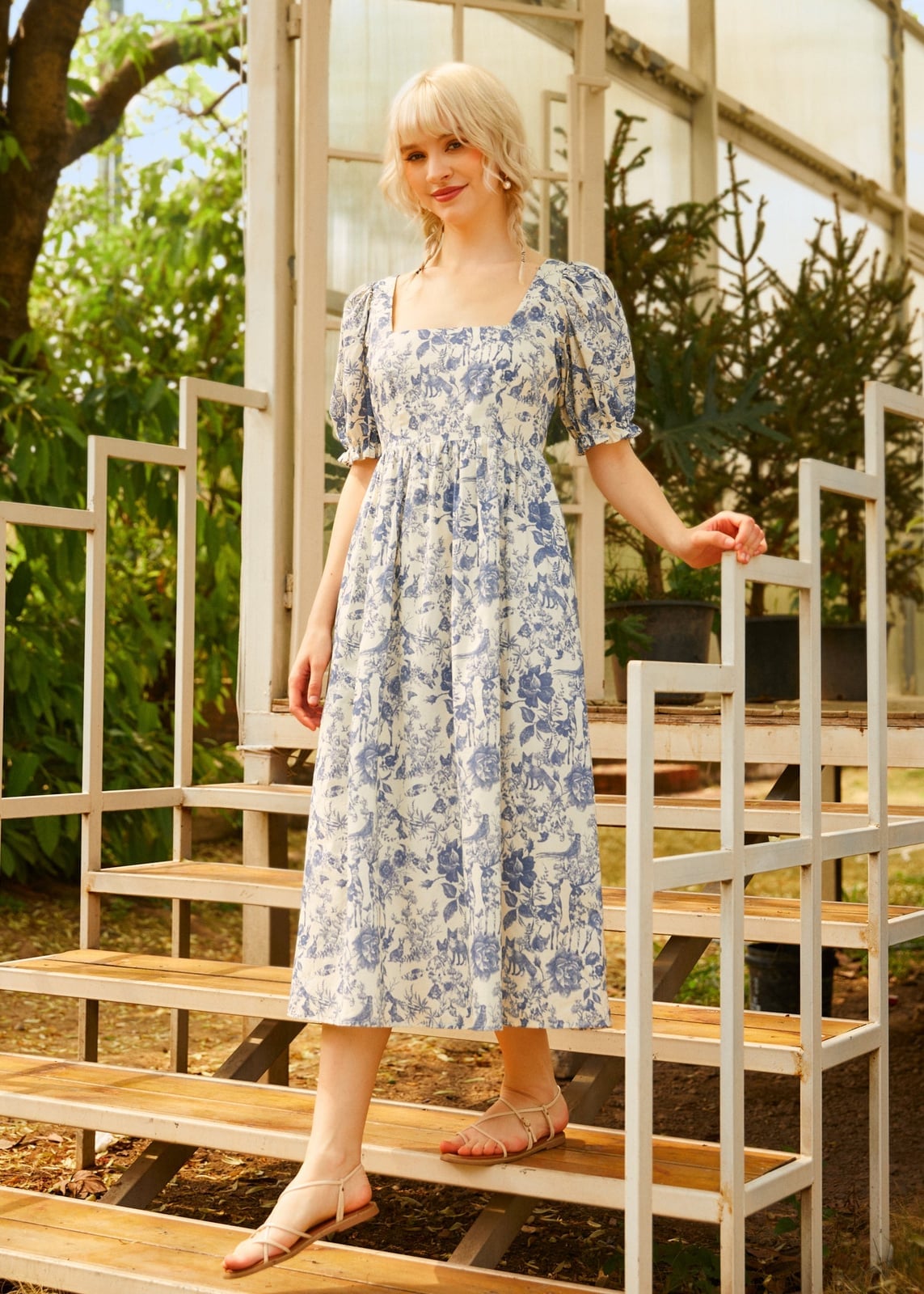 Blue Floral Midi Dress with Puff Sleeves, Office-Safe Version Blue Floral Midi Dress with Puff Sleeves, Office-Safe Version — Trendy Cottagecore Outfits