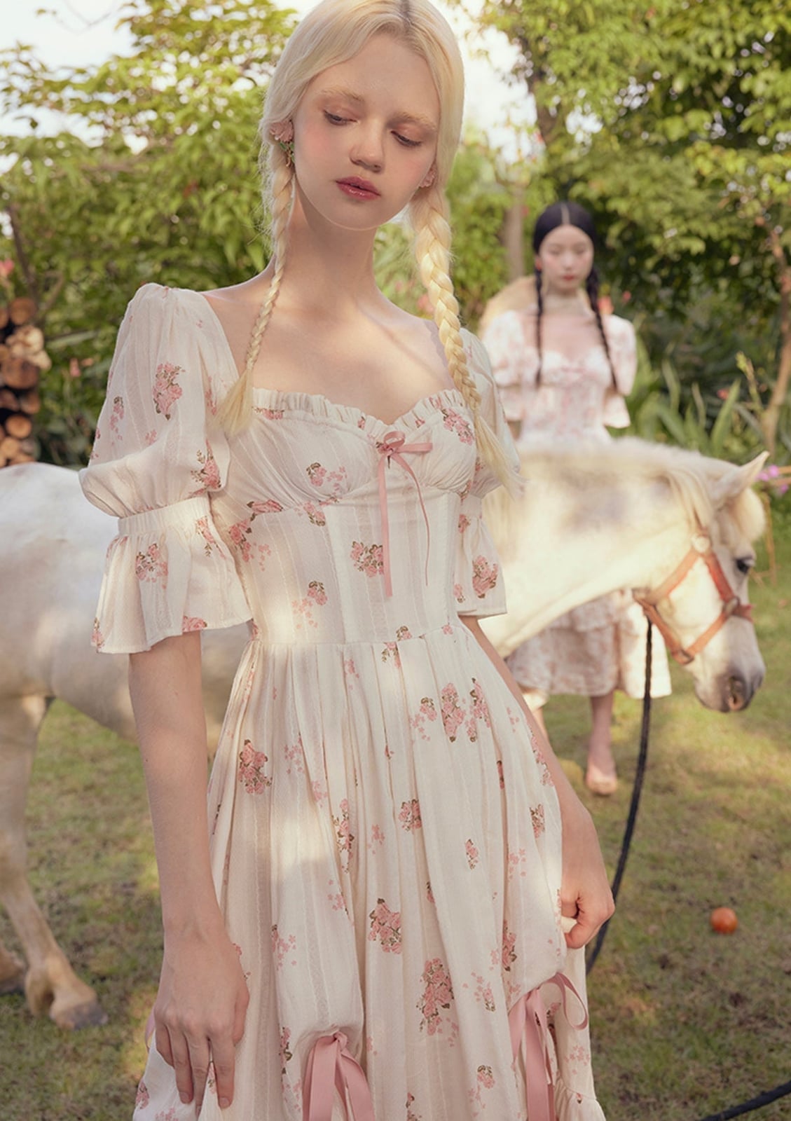 Cream Floral Puff-Sleeve Corset Dress with Ribbon Cream Floral Puff-Sleeve Corset Dress with Ribbon — Trendy Cottagecore Outfits