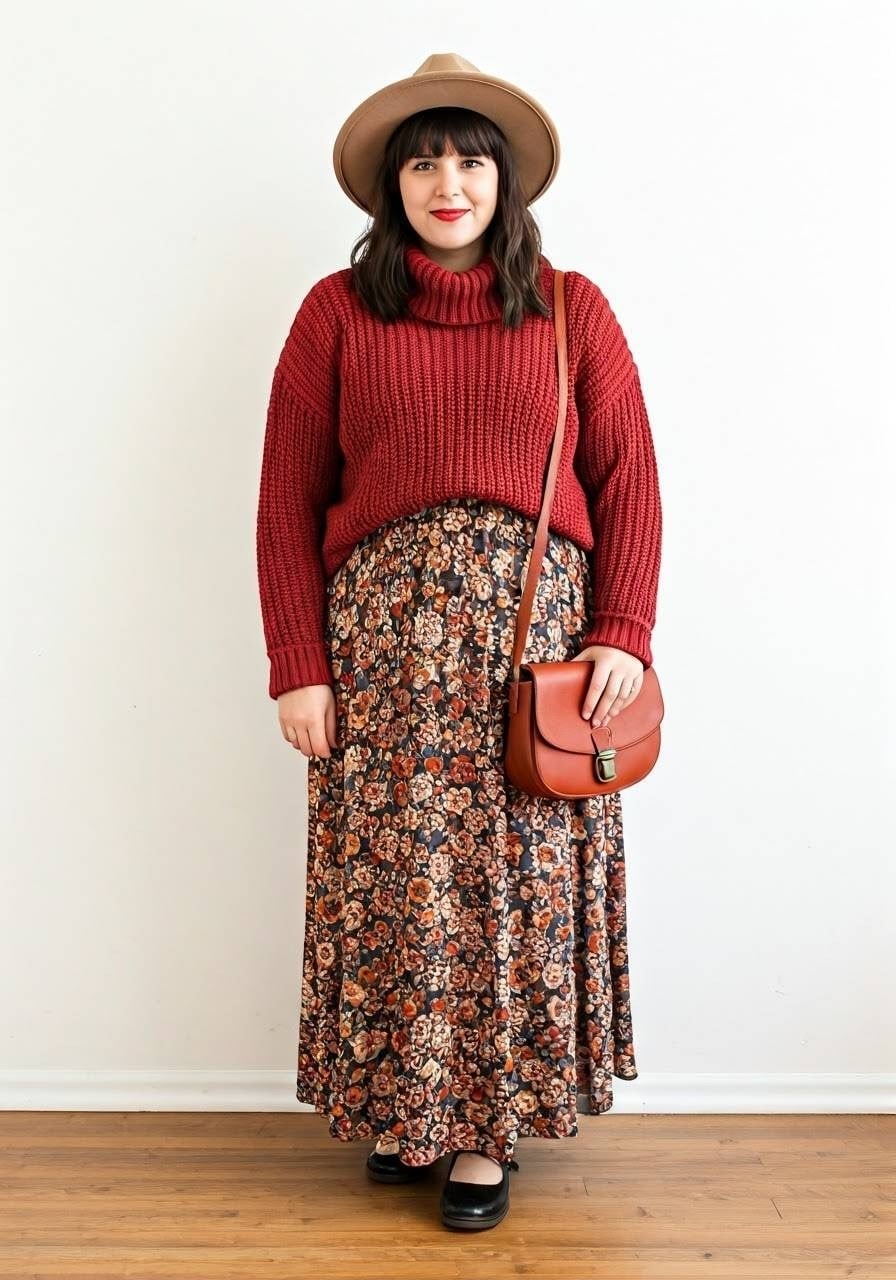 Red Knit Sweater Over Brown Turtleneck with Floral Maxi Skirt Red Knit Sweater Over Brown Turtleneck with Floral Maxi Skirt — Trendy Cottagecore Outfits