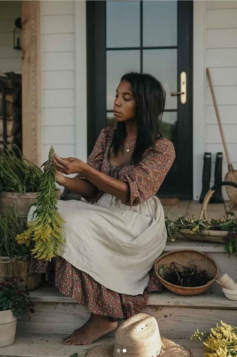 Red Floral Dress Layered with Cream Apron Skirt and Straw Hat Red Floral Dress Layered with Cream Apron Skirt and Straw Hat — Trendy Cottagecore Outfits