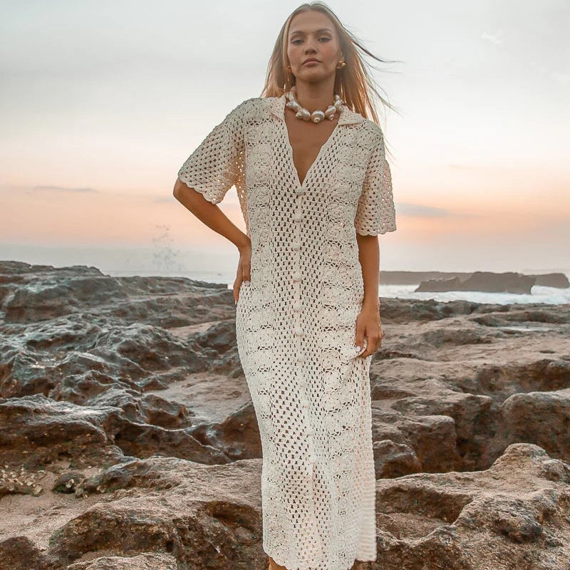 Cream Crochet Maxi Dress for Beach Vacations — Trendy Crochet Outfits