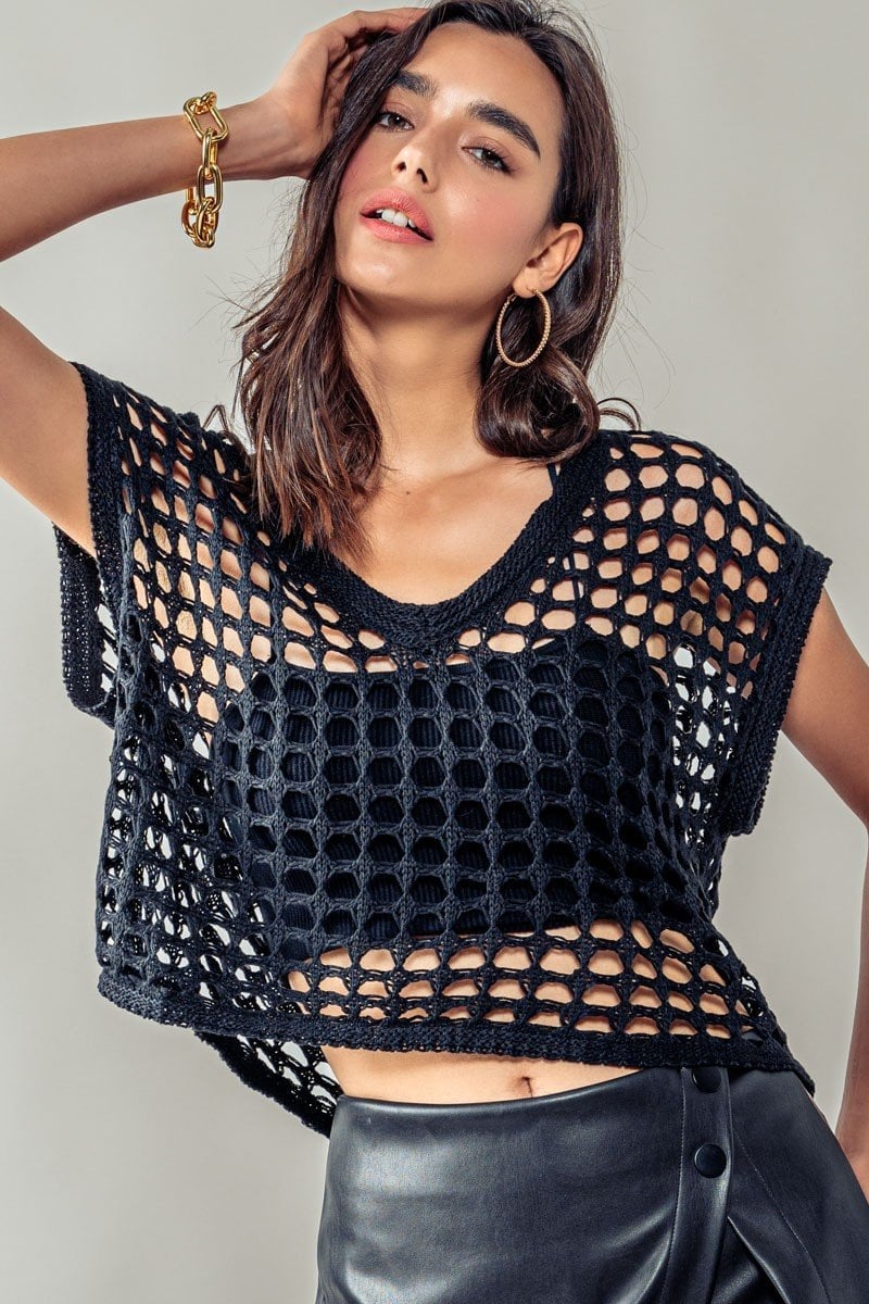 Black Open-Weave Crochet Top for Evening Casual — Trendy Crochet Outfits