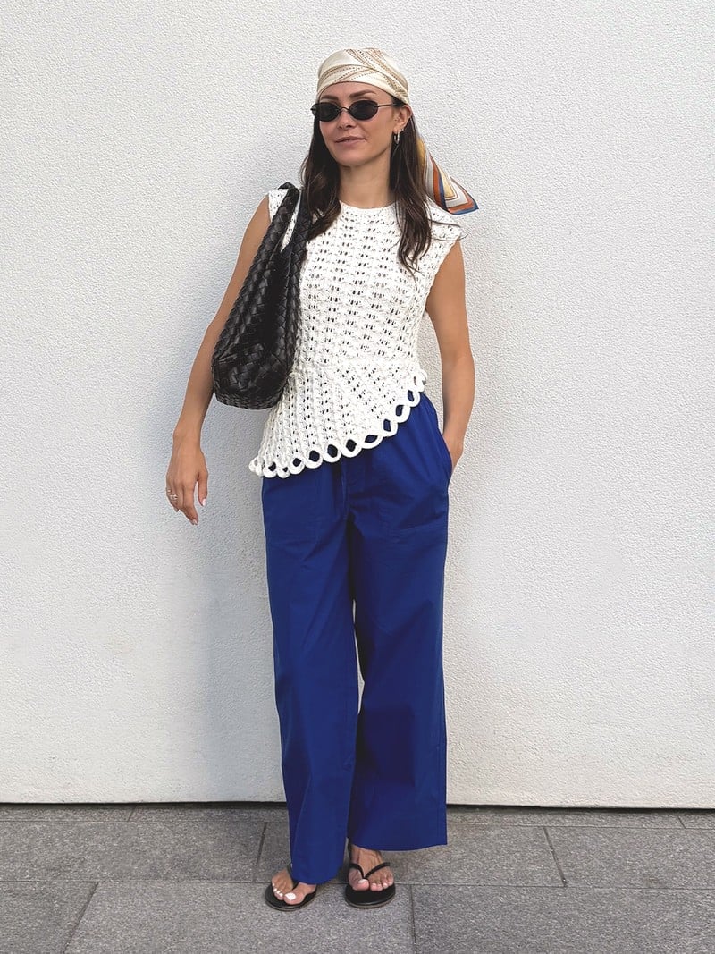 White Crochet Top and Blue Trousers for Daywear — Trendy Crochet Outfits