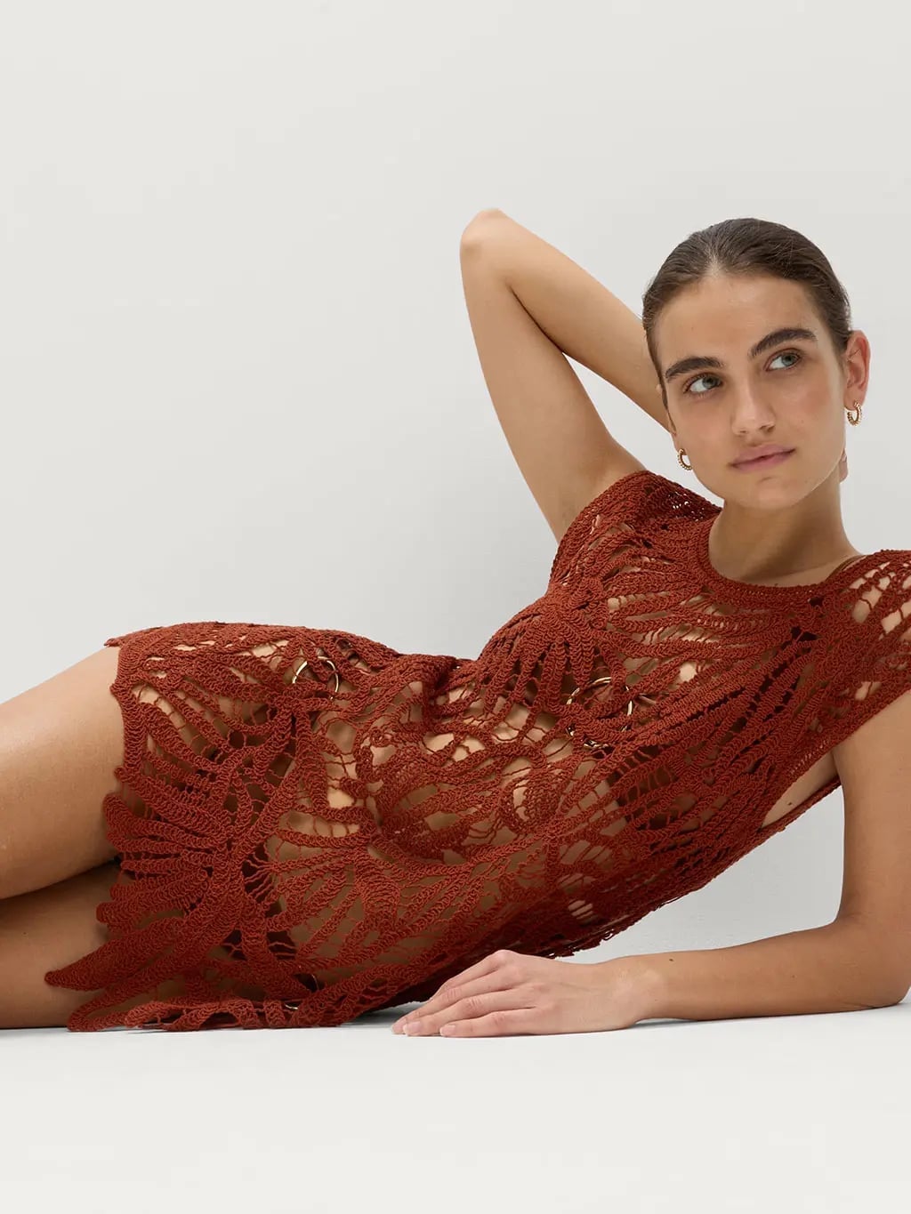 Rust Crochet Dress with Gold Ring Details — Trendy Crochet Outfits