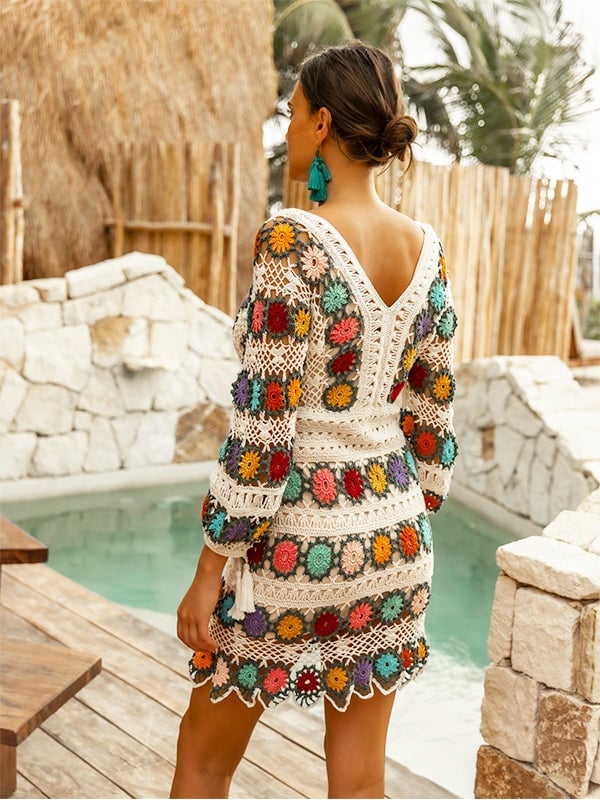 Multicolor Floral Crochet Mini Dress for Vacation — Trendy Crochet Outfits