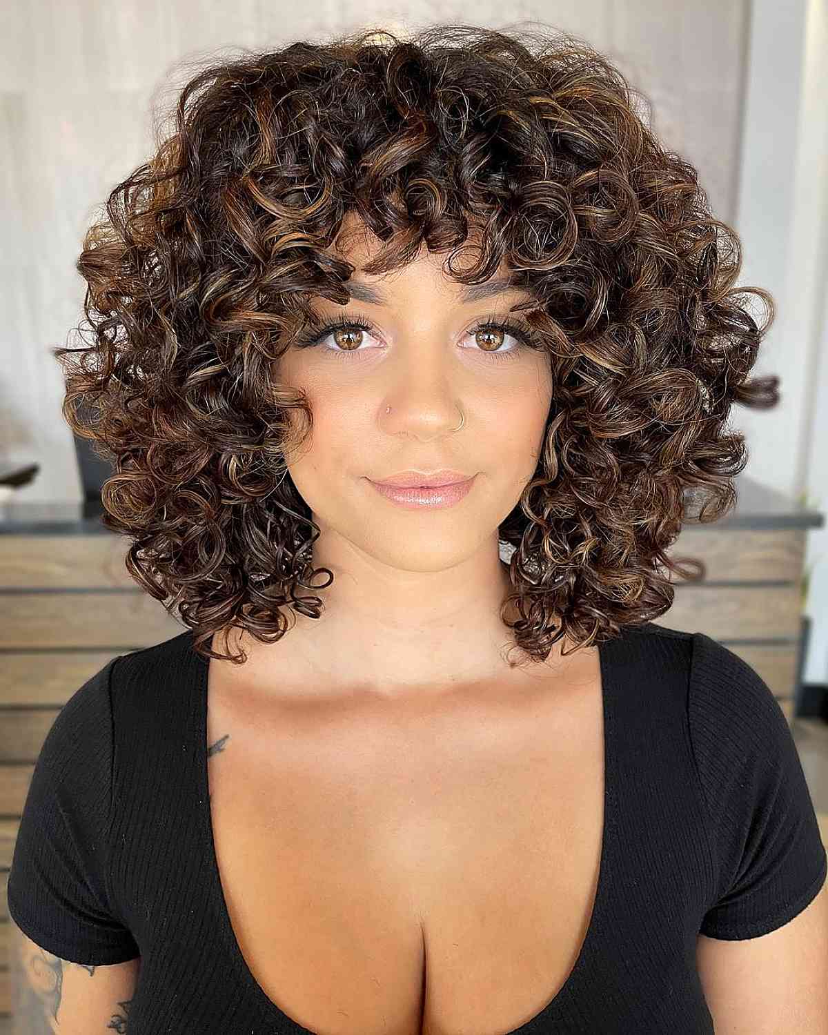 Chin Length Bob With Full Curly Bangs, Middle Chin Length Bob With Full Curly Bangs, Middle — Trendy Curly Hair Natural