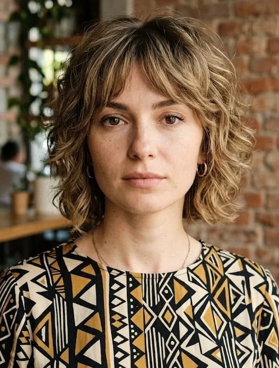 Shag Cut With Curtain Bangs And Blonde Balayage — Trendy Curly Hair Products