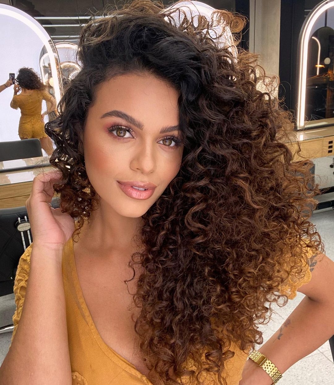 Mid-Back Layers With Caramel Highlights — Trendy Curly Hair Products