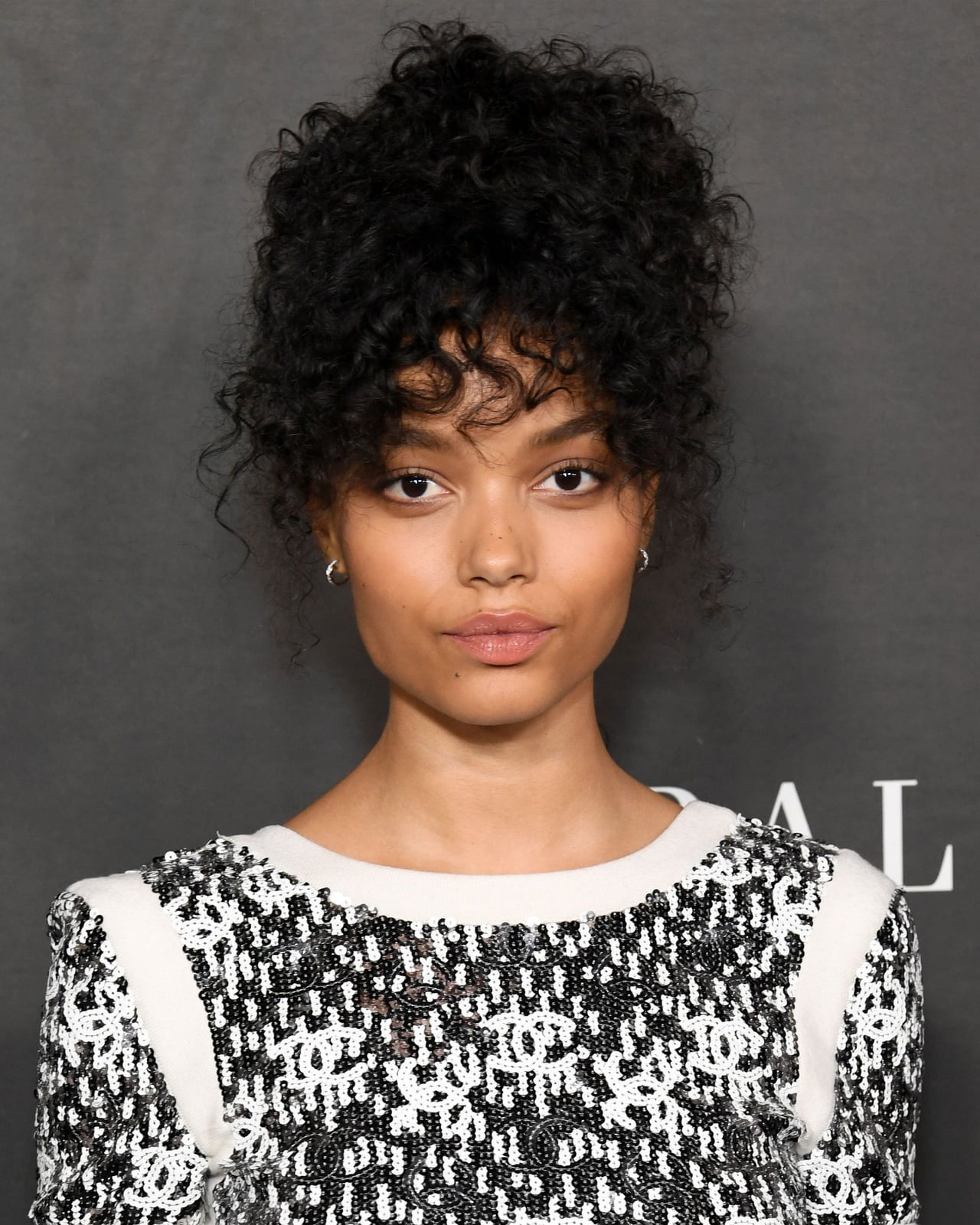 Mid-Back Voluminous Updo With Curly Bangs, Dark Brown — Trendy Curly Hair Products