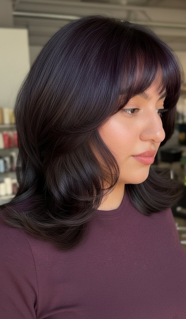 Collarbone Layered Hair In Dark Plum With Side-Swept Curtain Bangs Collarbone Layered Hair In Dark Plum With Side-Swept Curtain Bangs — Trendy Cutting Bangs