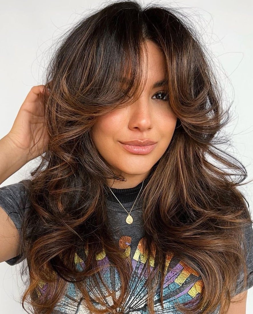 Mid-Back Dark Brown Layered Cut With Voluminous Curtain Bangs Mid-Back Dark Brown Layered Cut With Voluminous Curtain Bangs — Trendy Cutting Bangs