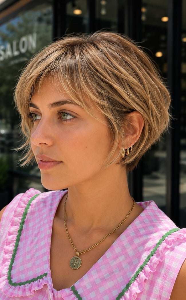 Textured Pixie Bob With Wispy Curtain Bangs Textured Pixie Bob With Wispy Curtain Bangs — Trendy Cutting Bangs
