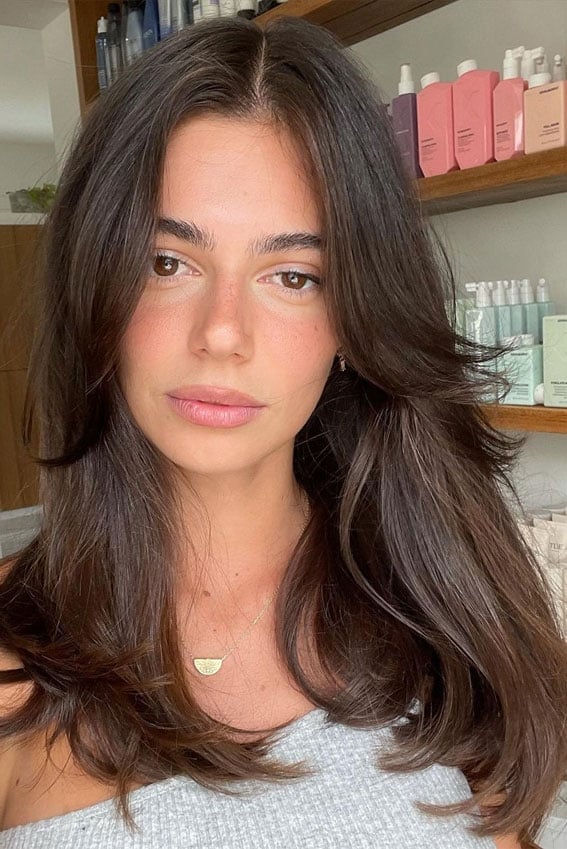 Mid-Back Dark Brown Hair With Soft Face-Framing Layers And Curtain Mid-Back Dark Brown Hair With Soft Face-Framing Layers And Curtain — Trendy Cutting Bangs