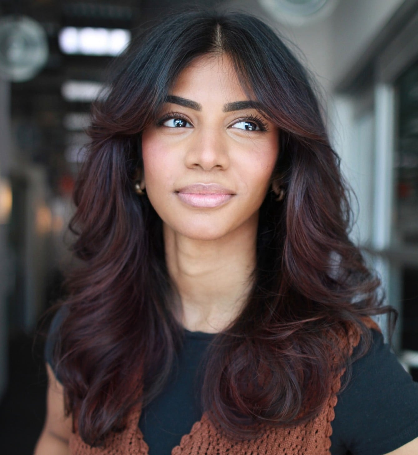 Long Layered Dark Brown Cut With Sweeping Curtain Bangs Long Layered Dark Brown Cut With Sweeping Curtain Bangs — Trendy Cutting Bangs