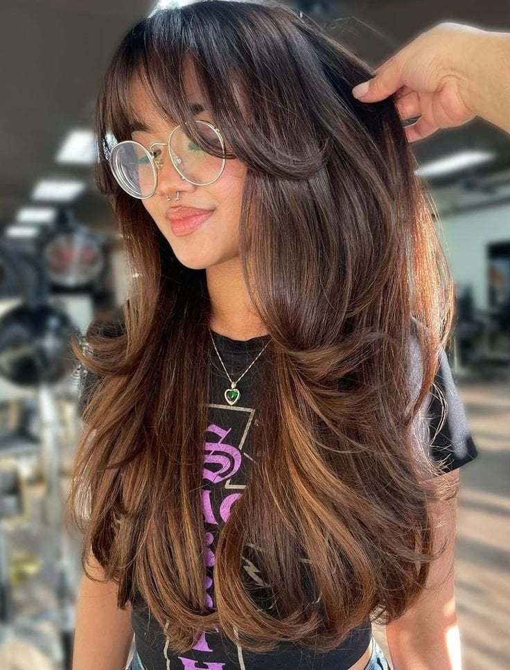Mid-Back Dark Brown Hair With Subtle Balayage And Curtain Bangs Mid-Back Dark Brown Hair With Subtle Balayage And Curtain Bangs — Trendy Cutting Bangs