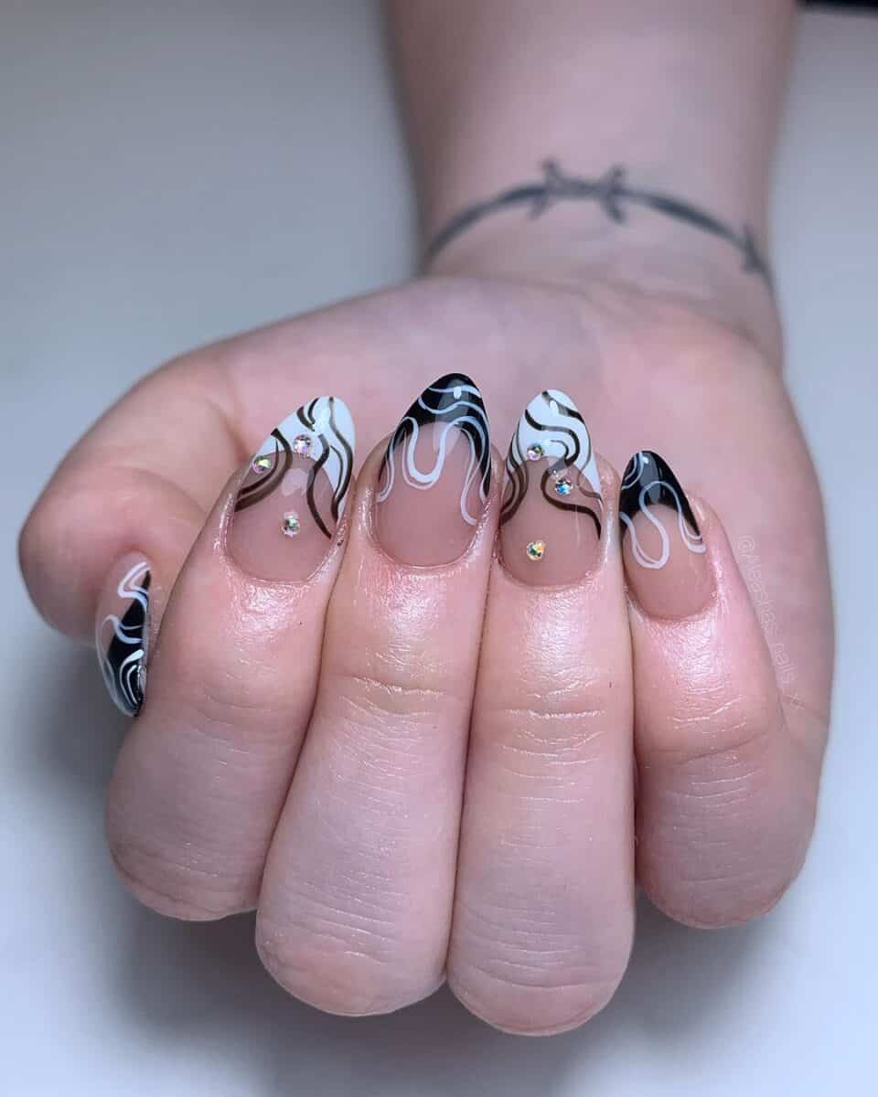 Glossy Black White Brown Swirl Almond Nails Glossy Black White Brown Swirl Almond Nails — Trendy Dark Nails