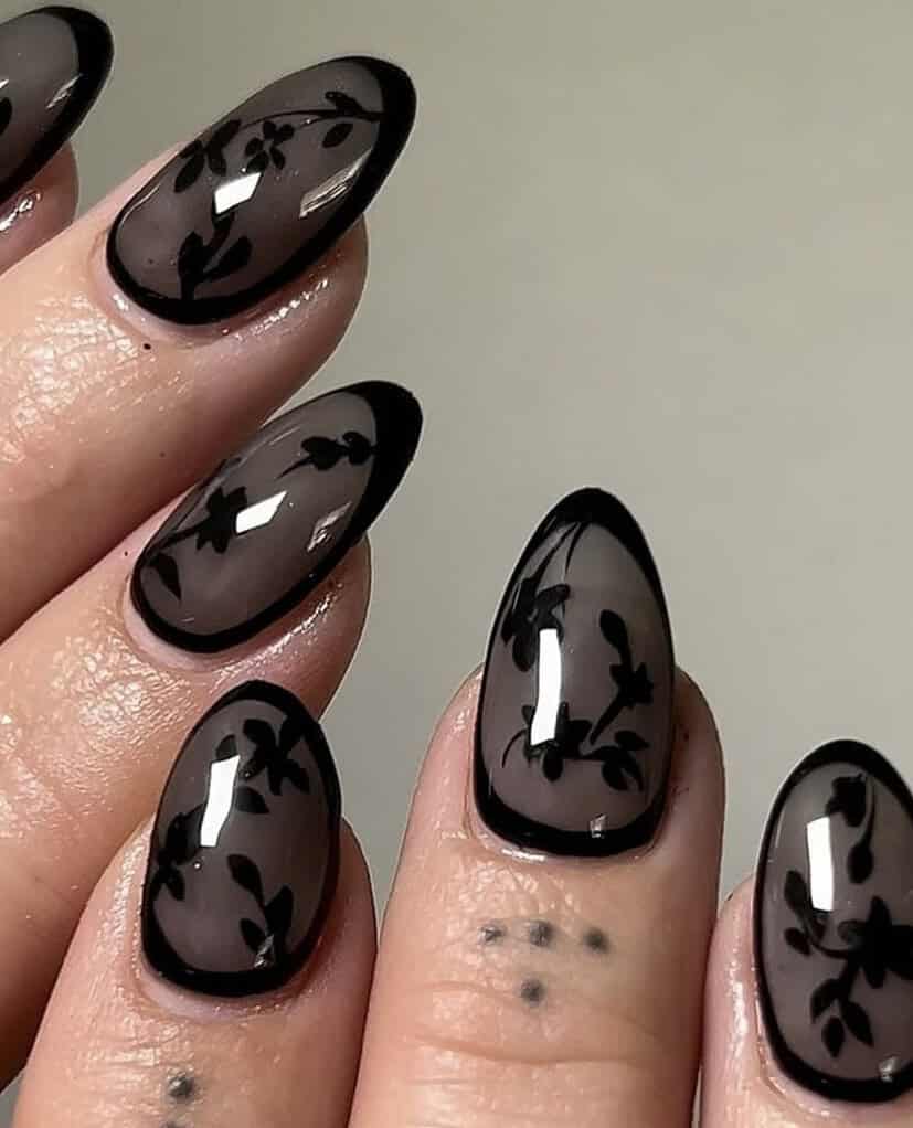 Gray Sheer With Black Floral Vine French Tip Nails Gray Sheer With Black Floral Vine French Tip Nails — Trendy Dark Nails