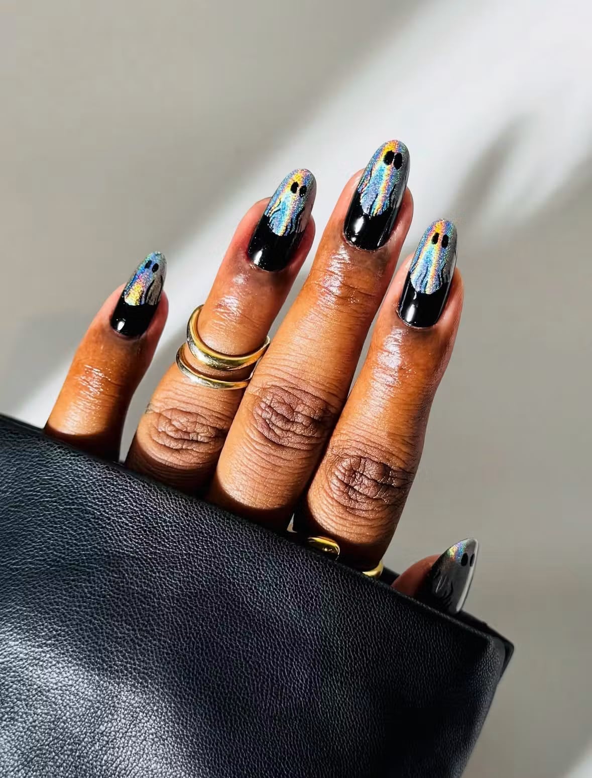 Holographic Black Ghost Face Almond Nails Holographic Black Ghost Face Almond Nails — Trendy Dark Nails