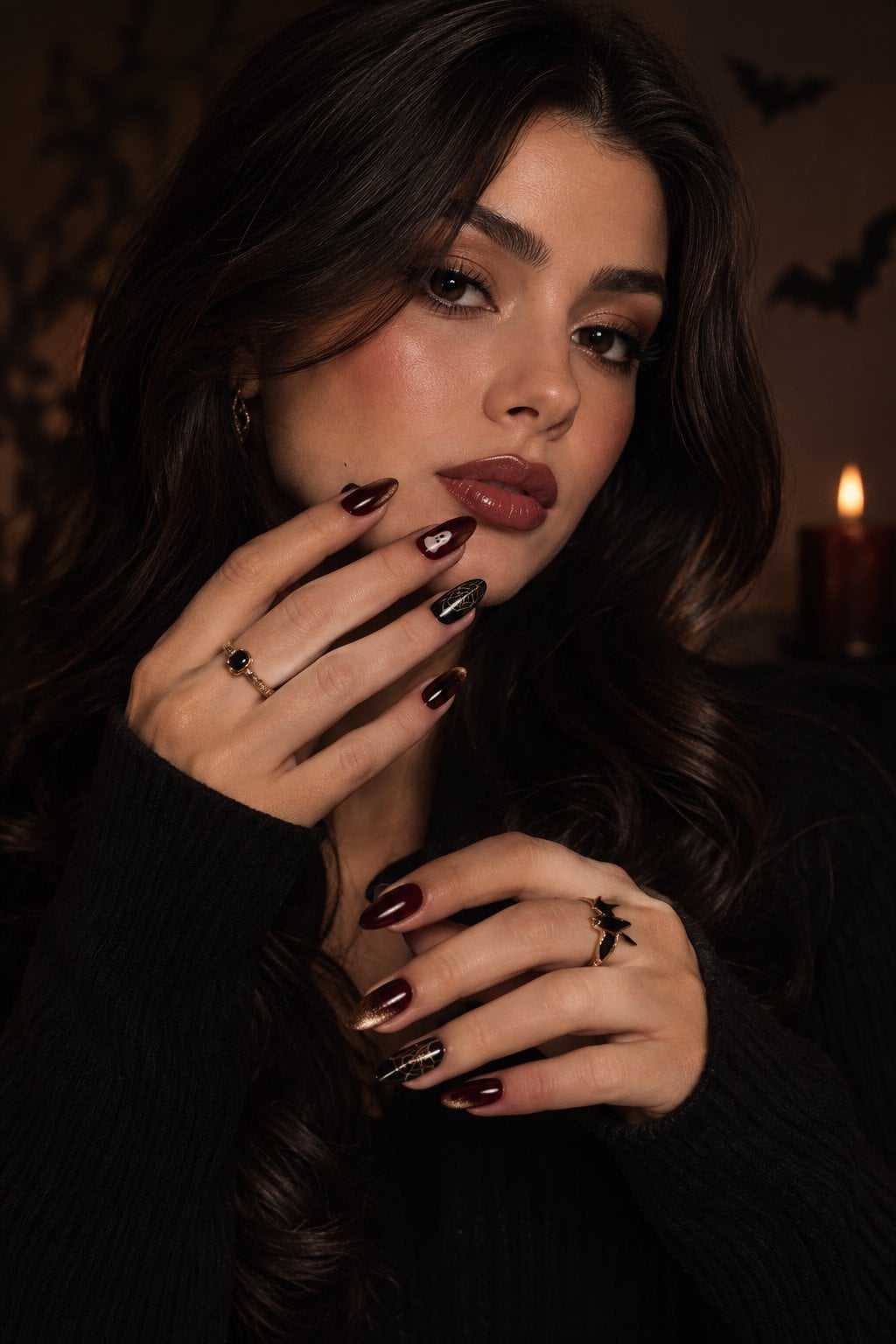 Deep Red Glossy With Gold Foil Floral Nails Deep Red Glossy With Gold Foil Floral Nails — Trendy Dark Nails