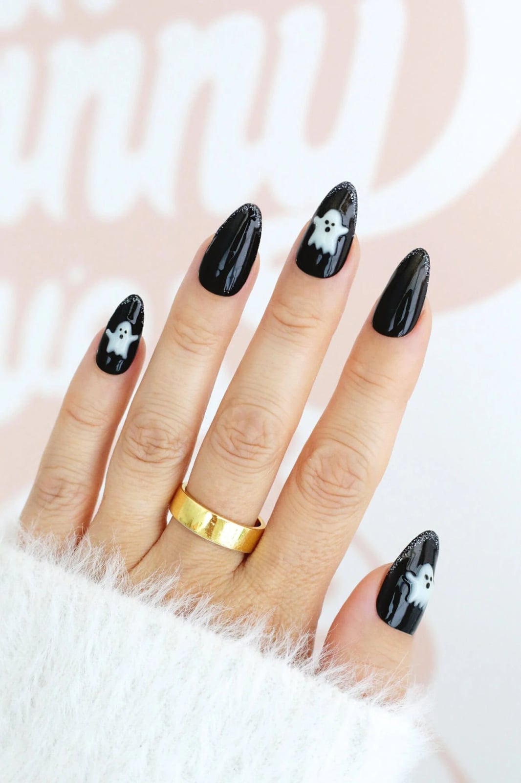 Glitter Black Ghost Motif Almond Nails Glitter Black Ghost Motif Almond Nails — Trendy Dark Nails