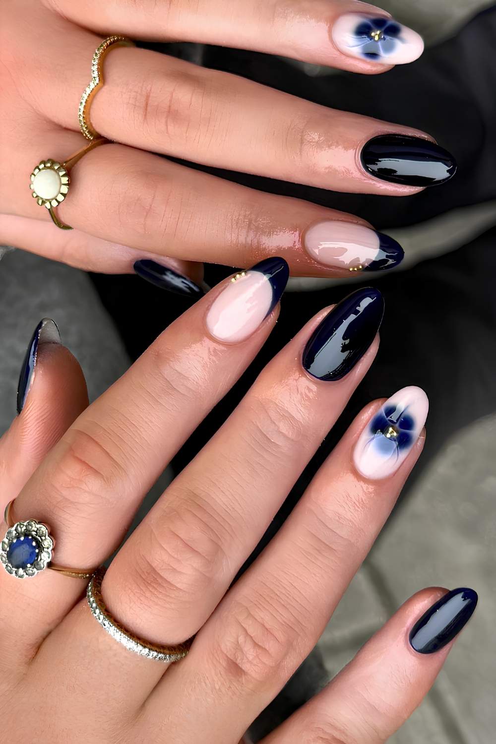 Navy Pink Glossy French Tip Floral Nails Navy Pink Glossy French Tip Floral Nails — Trendy Dark Nails
