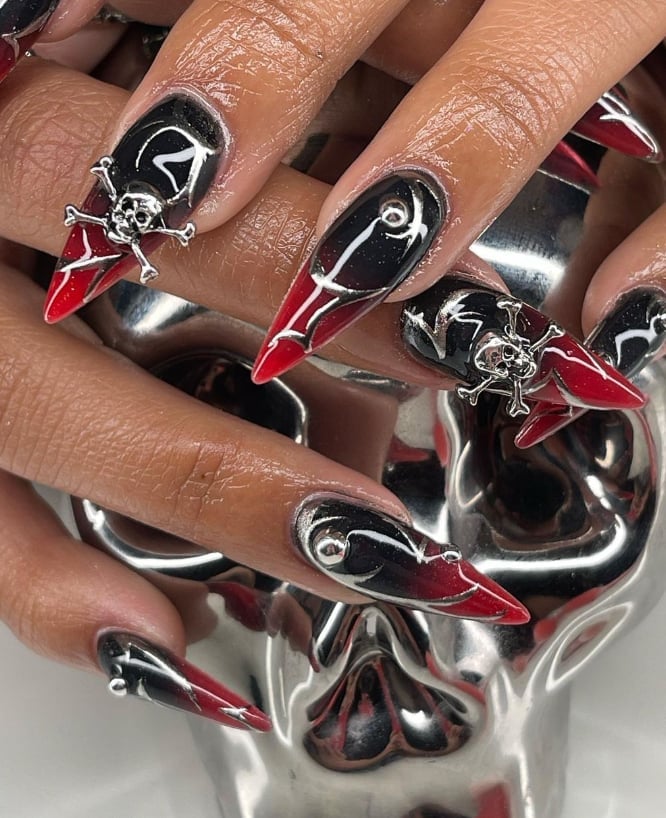 Long Stiletto Black Red Skull Charm Nails Long Stiletto Black Red Skull Charm Nails — Trendy Dark Nails