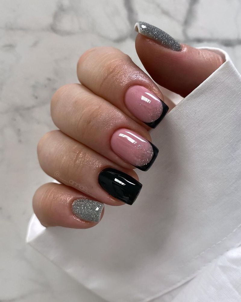 Short Square Pink Base Black French Glitter Short Square Pink Base Black French Glitter — Trendy Dark Nails