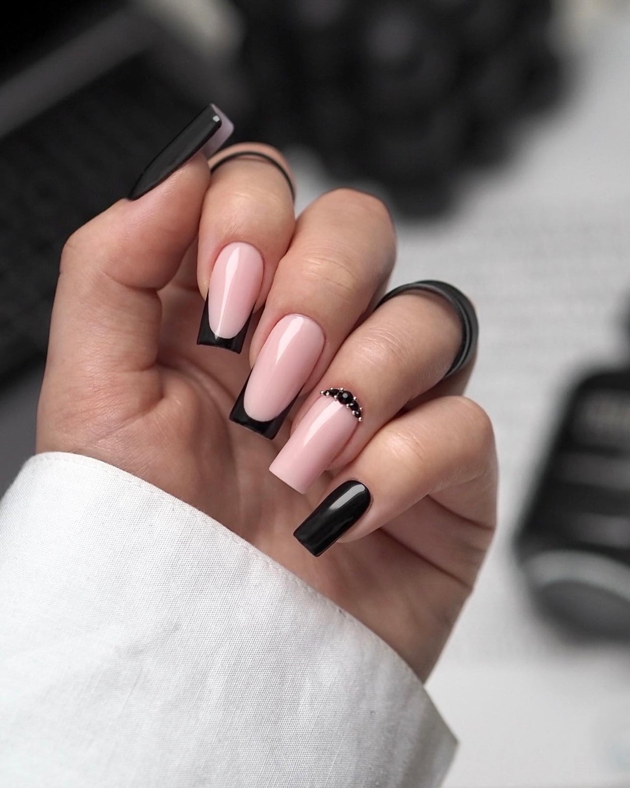 Long Square Pink Black French Bead Nails Long Square Pink Black French Bead Nails — Trendy Dark Nails