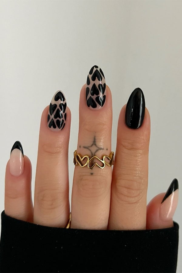Almond Black Heart French Tip Nails Almond Black Heart French Tip Nails — Trendy Dark Nails