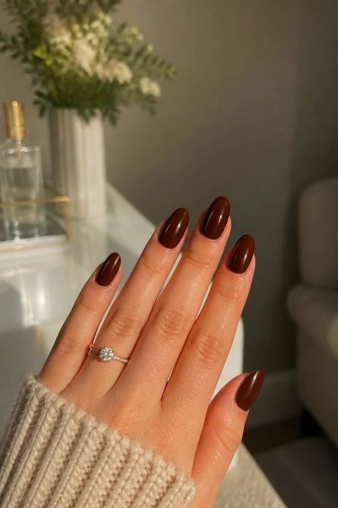 Glossy Deep Dark Brown Almond Nails Glossy Deep Dark Brown Almond Nails — Trendy Dark Nails