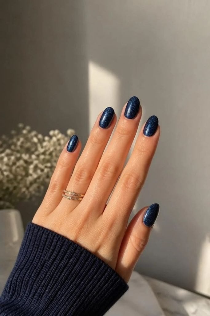 Medium Almond Dark Navy Glitter Nails Medium Almond Dark Navy Glitter Nails — Trendy Dark Nails