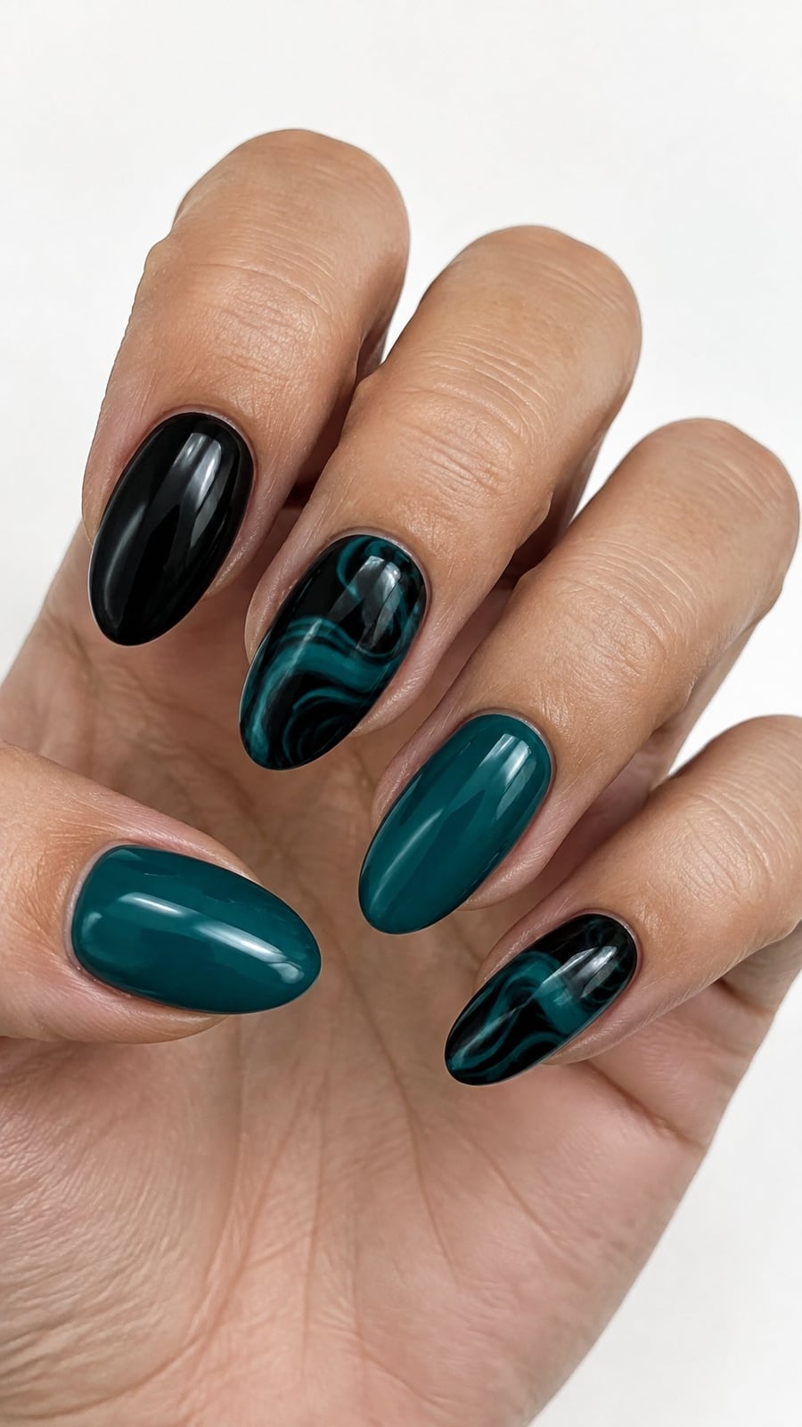 Black And Teal Swirl Almond Nails Black And Teal Swirl Almond Nails — Trendy Dark Nails