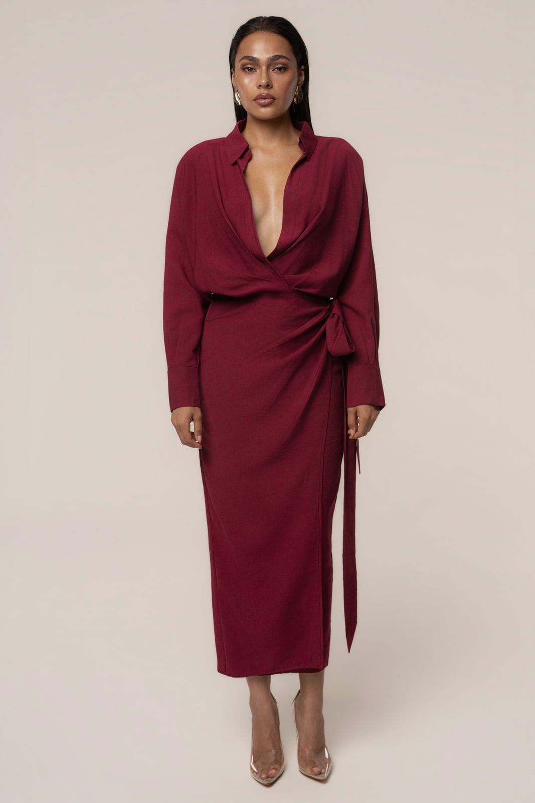 Deep Red Wrap Dress with Elegant Silhouette — Trendy Dark Red Dress