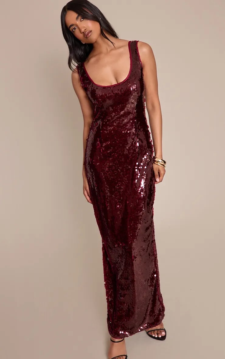 Dark Red Sequin Scoop Neck Column Maxi Dress — Trendy Dark Red Dress