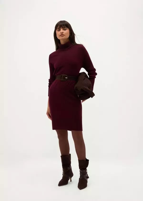 Dark Red Knit Turtleneck Dress with Belt — Trendy Dark Red Dress