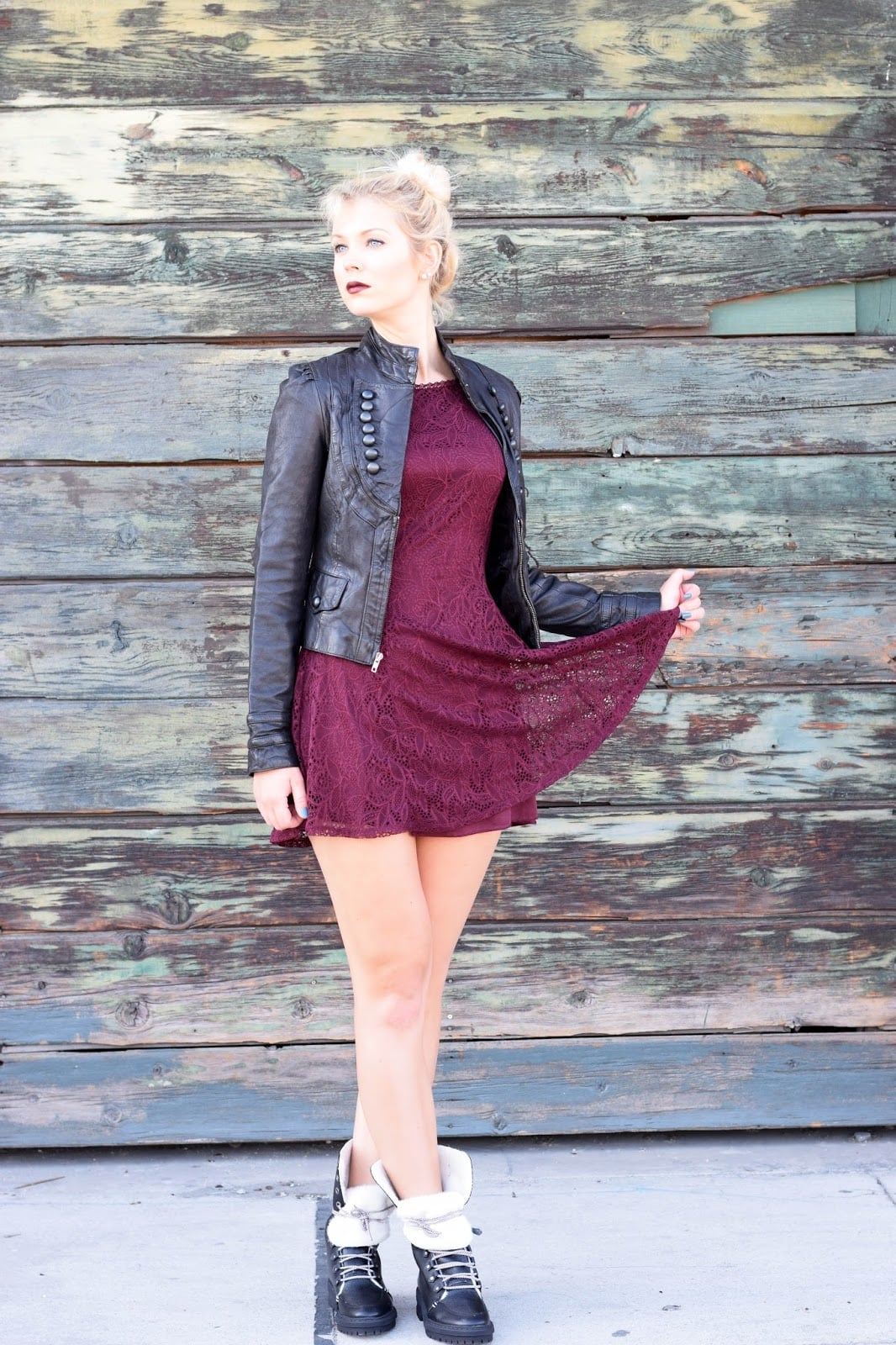 Burgundy Lace Mini Dress with Leather Jacket — Trendy Dark Red Dress