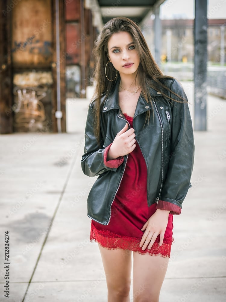 Dark Red Lace Trim Mini Dress with Leather Jacket, Satin — Trendy Dark Red Dress