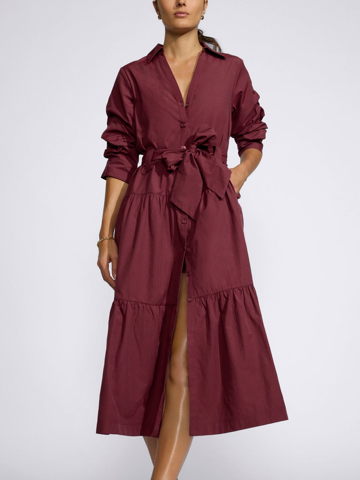 Deep Red Button-Up Shirt Dress with Tiered Skirt — Trendy Dark Red Dress