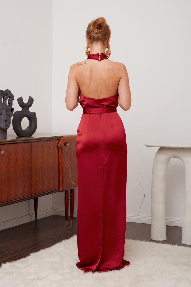 Deep Red Satin Halter Neck Column Dress — Trendy Dark Red Dress