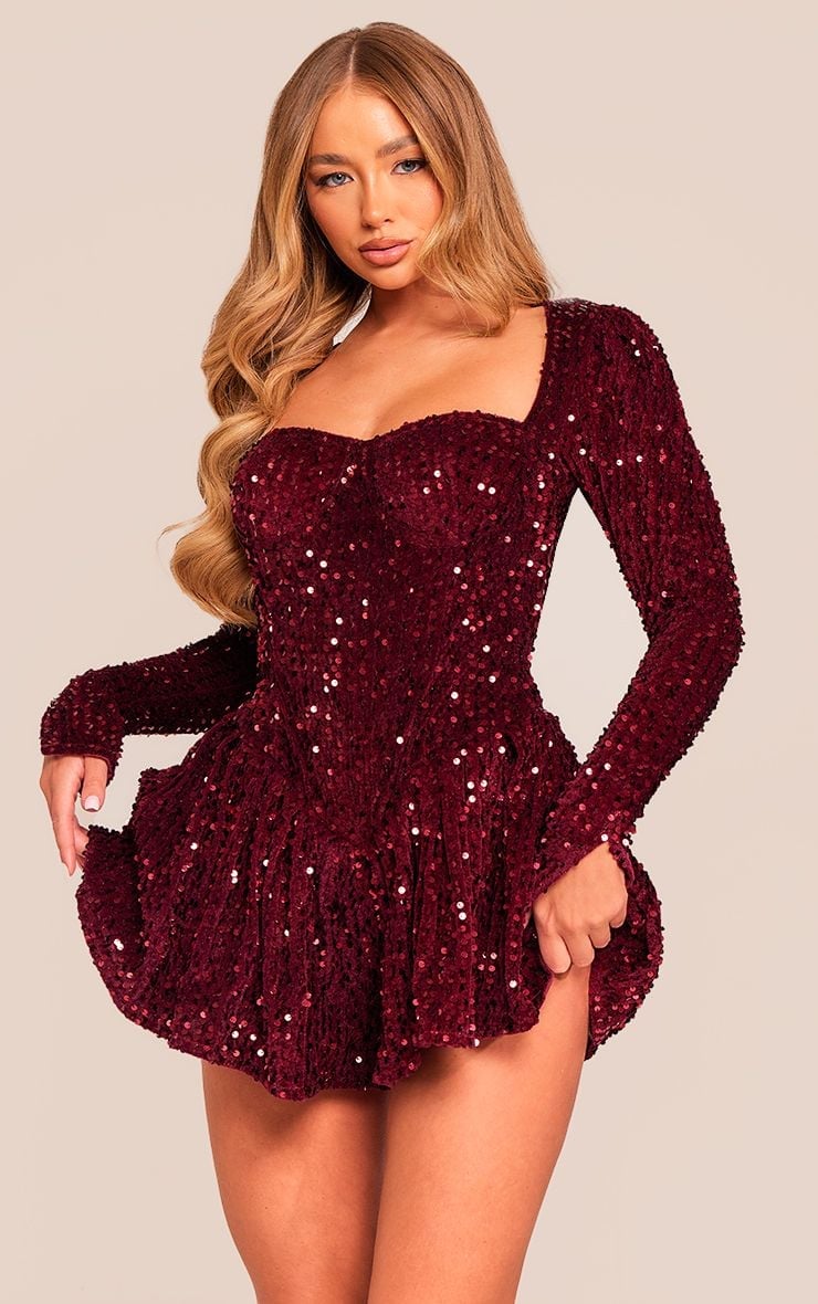 Dark Red Sequin Fit and Flare Party Dress, Close-Up Take — Trendy Dark Red Dress