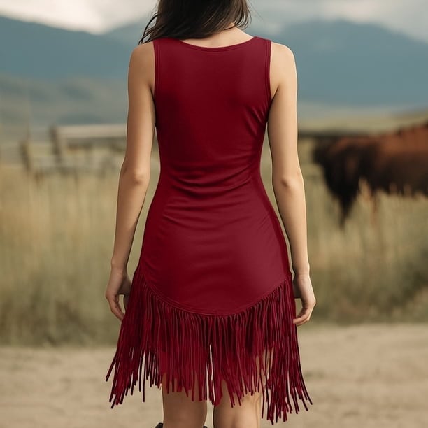 Dark Red Fringe Hem Bodycon Mini Dress With Stretchy Fabric — Trendy Dark Red Dress