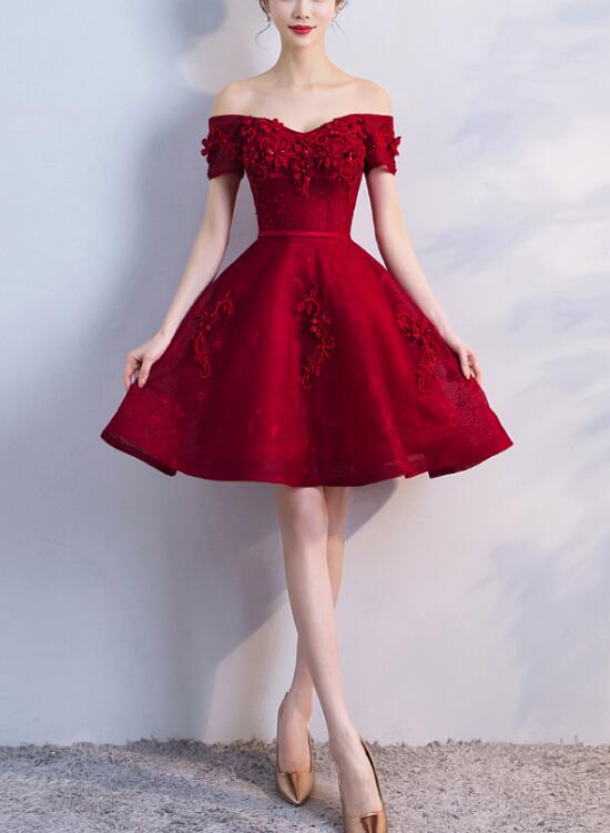 Dark Red Lace A-Line Mini Dress with Floral, Close-Up Take — Trendy Dark Red Dress