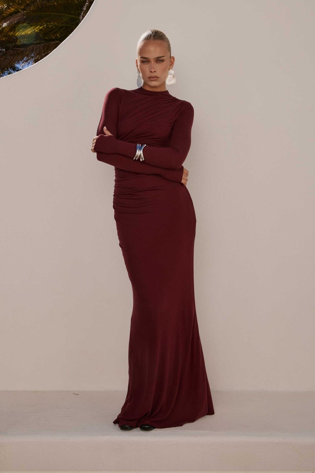 Dark Red Ruched Column Maxi Dress — Trendy Dark Red Dress